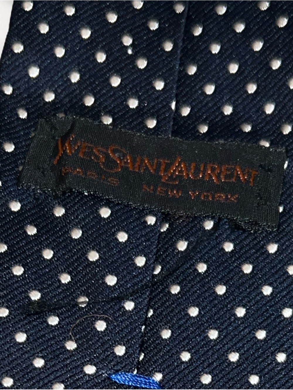 Yves Saint Laurent Mens Designer  Classic Navy Blue White Polka Dots Tie Logo - Picture 4 of 6